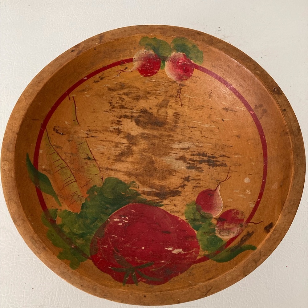 Primitive Wood Dough Bowl Footed Hand Painted W/ 1940's Red Radishes & Tomatoes